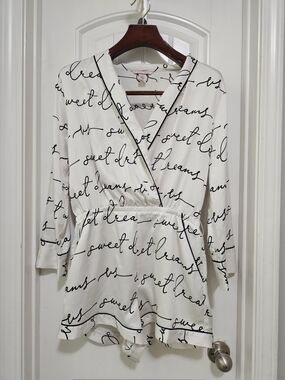 Victoria's Secret White Script Wrap Romper with Black Trim